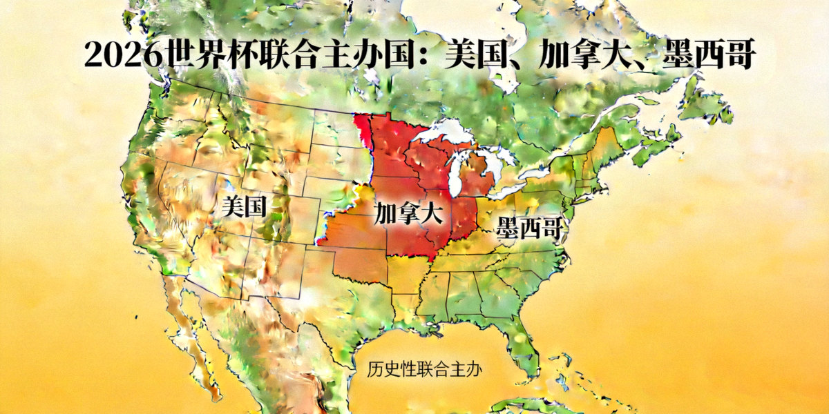 2026世界杯三大主办国美国、加拿大、墨西哥地图示意，展示联合主办的历史性