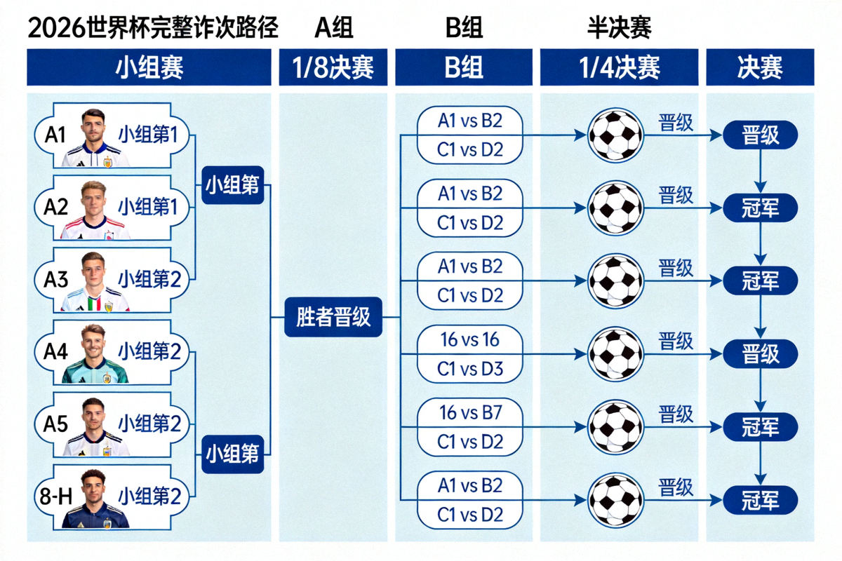 2026世界杯完整对阵图示意图，包含小组赛、淘汰赛、半决赛和决赛的所有路径
